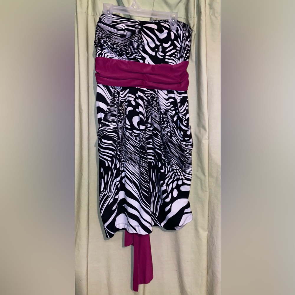 Wishes Black White Purple Print Strapless Bow Short Party Dress Pockets 1X
